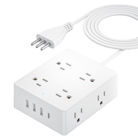 Italy Travel Plug Adapter, Olcorife US to Italy Type L Plug Adapter, International Power Strip with 8 Outlets and 4 USB(1 USB-C), 5 FT Cord for Italy Chile Ethiopia Libya