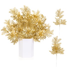 Thiccywoov 12 Pcs Christmas Glitter Artificial Poinsettia Flowers Picks and Leaves Sprays Branches with Clips Ornament Xmas Floral Picks Stems for Christmas Tree Vase Wreath Garland Decor(Gold)