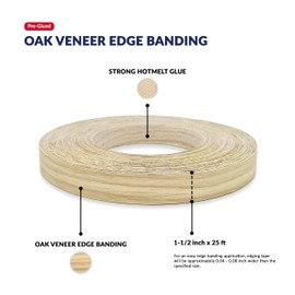 White Oak Veneer Edge Banding 1 1/2 inch x 25 ft Iron On Adhesive Real Wood Flexible Edging Glue Tape Trim Laminate Plywood Furniture Countertop Cabinet Formica Repair Strip Molding Roll Easy Trimmer