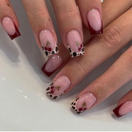 Cosmeria 24 Pieces Cherry Press On Nails, Short Square Fake Nails with Design, Reusable False Nails with Glue, Salon Quality Nail Set