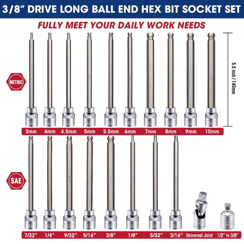 RIZOM 20-Piece 3/8 Inch Drive Long Ball End Hex Bit