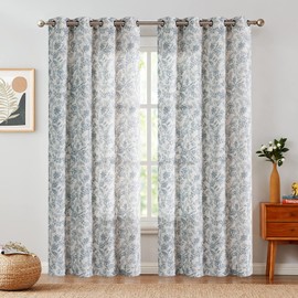 Lazzzy Linen Farmhouse Curtains for Living Room 84 Inch Length Floral Print Window Curtains Semi Sheer Drapes for Bedroom Country Light Filtering Curtain Grommet Top 2 Panels Blue on Beige