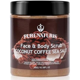 PureNaturis- Exfoliante de sal marina, café y coco exfoliante e hidratante para rostro y cuerpo con ingredientes naturales