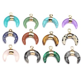 LE SKY natural stone pendants double horn crescent moon gemstone crystal pendant for jewelry making necklace 5 Pcs, Stone