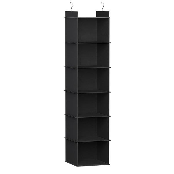 YOUDENOVA Oxford Hanging Storage Organiser 6 Shelves with Durable Metal Hooks, Wardrobe Closet Organiser with Bamboo Sticks, Space Saving and Foldable Black