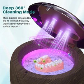 Voraiya Ultrasonic Retainer Cleaner Machine, 45kHz Dental UV Lamp 360° Cleaning Pod, 4 Modes with Digital Timer Mouth Guard Cleaner for Aligner, Night Guard, Braces, Toothbrush, Jewelry(Dark Walnut)