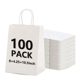 NutriBox 100 Pack White Gift Bags with Handles, 8 X 4¼ X 10½ Inch Blank Retail Paper Bags for Grocery, Shopping, Birthday, Lunch, Party, Wedding, Snack, To Go