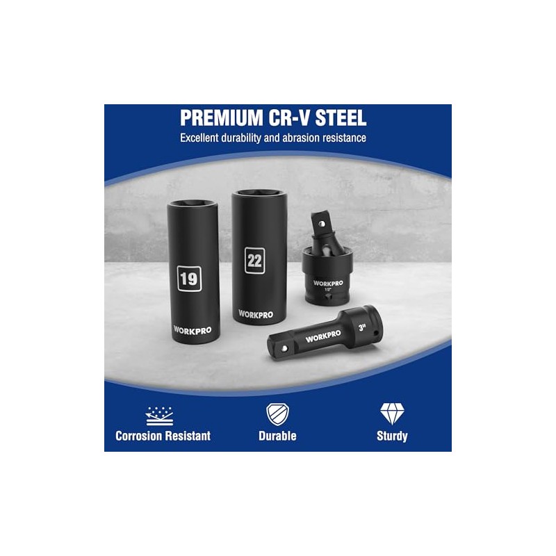 WORKPRO 20-Piece 1/2＂ Drive Deep Impact Socket Set, 6-Point, Cr-V