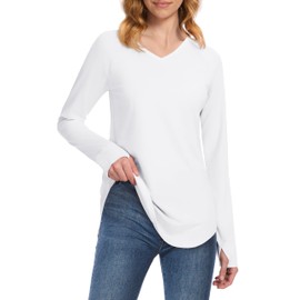 YUCOLEN Women's Winter Tunics Long Sleeve Curved Hem Tops Fall Loose Fit Oversize Basic Tee Shirts White L