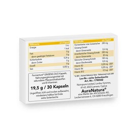 Aura Natura - Fermentura Ginseng Duo Capsules - Fermented Ginseng Extract - With 3 Different Ginseng Varieties - Contains Vitamin B2, B6, B12-30 Capsules