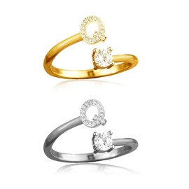 ABJFJE Adjustable Gold Silver Letter Rings for Women Dainty Crystal Zircon Initial Stackabl Ring Fashion Unique Jewelry Gift 2Pcs (Q)
