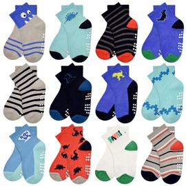 ARERWA Toddler Non Slip Socks-12 Pairs Kids Grip Socks Boys Girls Cute Cartoon Animal Pattern Toddler Crew Socks With Grippers 3-5 Years