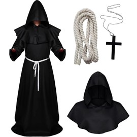 Túnica de Monje Medieval Disfraz Halloween Hombre Mujer, Túnicas de Sacerdotes Disfraces para Hombre Mujer, Bruja Halloween Costume Capa con Sombrero y Collar Cruz (Negro, XL)