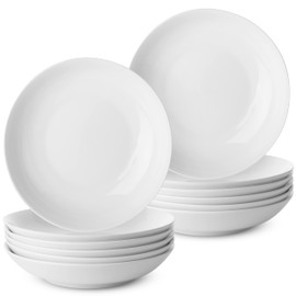 Brew To A Tea White Porcelain Pasta Bowls, 12 Pack, 8 inch, Stackable, Dishwasher & Microwave Safe, Classic Style, Versatile for Casual or Formal Occasions