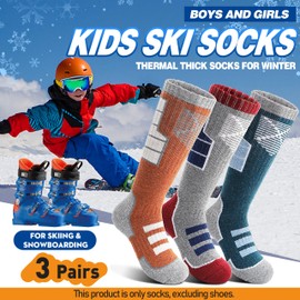 Anlisim Kids Merino Wool Ski Socks for Girls Boys Teen Thermal Winter Warm Thick Hiking Knee High Socks Stocking Stuffers for Skiing Snowboarding(Orange/Dark Green/Grey Red,8-12 Years)
