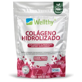 Wellthy Colágeno Hidrolizado, Vitamina C y Magnesio Marino 360g. Sabor Fresa, Sin Sabor, Sugar Free, Gluten Free, 30 porciones por envase. Bottle...  