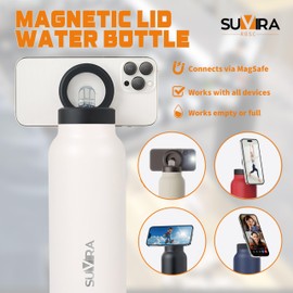 Suvira Stainless Steel Insulated Water Bottle & Magnetic Lid-Compatible with MagSafe,Tripod Phone Mount,&Phone Holder Travel Thermos, Sport,Yoga, Gym Keeps Hot for12 H,Cold 24H (White, 24 Ounces)