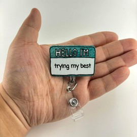 Funny Nurse Badge Reel Retractable, Cute RN Nurse Name Badge Holder, Nursing Student ID Badge Clip, Hello I'm Trying My Best Badge Reels, LPN CNA MA Healthcare Worker Nurse Accessories for Work