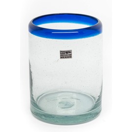 EMPORION Set of 6 Hand-Blown Tumbler (10 oz) Glasses from Mexico with Cobalt Blue Rim - Rustic & Handcrafted Recycled Bubble Glass Drinking Glassware