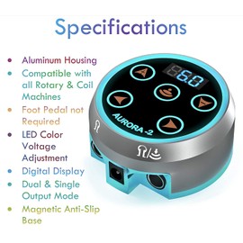 BestParts Tattoo Power Supply - Aurora II Power Supply 2nd Gen Colorful Voltage Fits All Tattoo Machine (Silver)