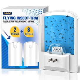 2-Pack Flying Insect Trap with 8 Refills - Plug-in Fruit Fly Trap for Indoor, Bug Zapper for Gnats, Fruit Flies & House Flies | Blue & UV Light Attraction | Mess-Free Disposal