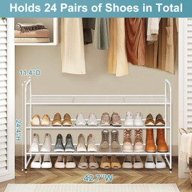 AOODA Long 3 Tier Metal Shoe Rack for Closet Wide Stackable Shoe Storage Organizer for Entryway, Bedroom, Floor, 24-Pairs Men Sneakers Shoe Shelf with Wire Grid, White