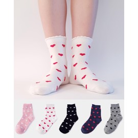 CUTIE MANGO 3 Pairs Women's Heart Pattern Print Cotton Daily Casual Crew Socks Novelty Premium K-Socks Fashion Soft Lovely Cute Crazy Fun Size 6,7,8,9,10 for Women - White