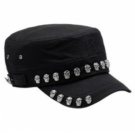 Skull Studded Military Cadet Cap Black Oversized 60-62cm Flat top Fitted Hat for Men and Women (US, Alpha, One Size, Head 60-62cm, Black 2)