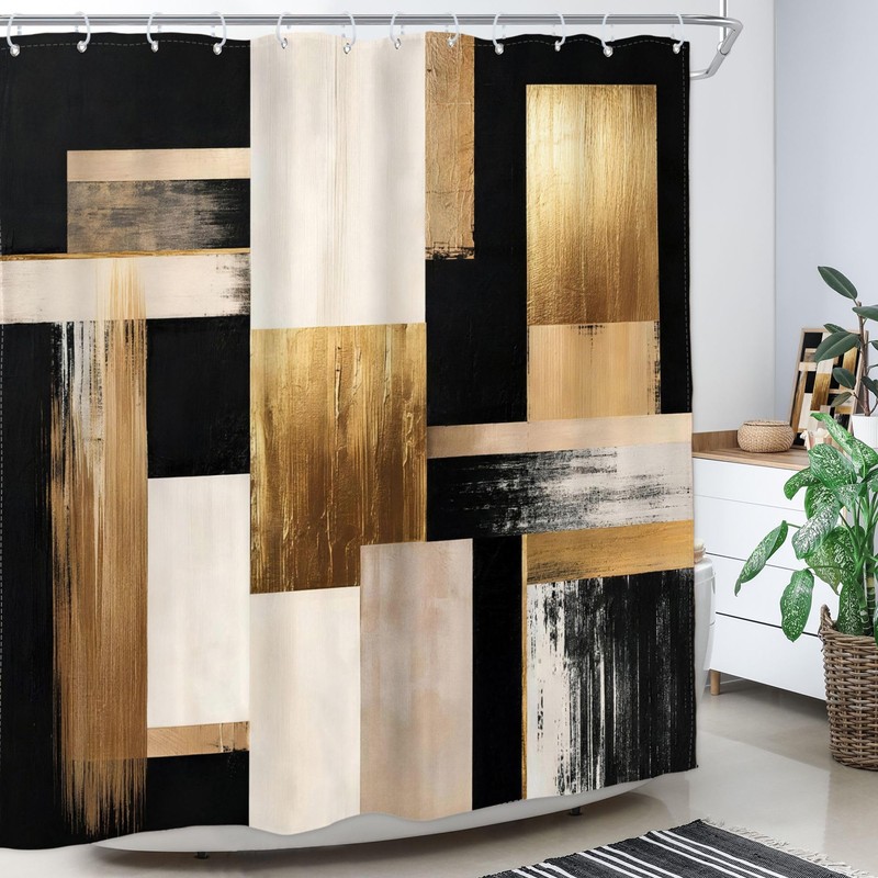 Black Gold Abstract Shower Curtain Modern Geometric 72Wx72H Inch Decor