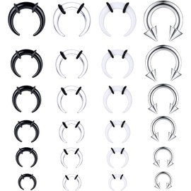 Diamday 24Pcs Acrylic Pincher Tapers Septum Rings C Shape Horseshoe Circular Nose Rings Buffalo Stretcher Expander with Black O-Rings for Stretching Pierced Nose Ear Cartilage for Women Men B