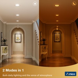 Amico 12 Pack 4 inch 5CCT LED Recessed Lighting with Night Light, 8W=60W, 700LM Can Lights with Baffle Trim, Dimmable, Retrofit Downlight, 2700K/3000K/3500K/4000K/5000K Selectable - ETL & FCC