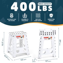 ACSTEP Folding Step Stool 16 Inch Heavy Duty Step Stool Foldable for Adults and Kids, Collapsible Stepping Stool with Handle, Non Slip Folding Stools for Kitchen Hold Up to 400lbs (White 1PC)