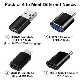 USB-C Adapter Set, USB Type C to USB 3.0, Type-C to USB 3.0, Type C to Micro Micro to Type C (4 Black)