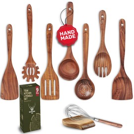 9 Pcs Teak Wooden Spoons for Cooking with Rest - Premium Utensils Set with Long Handles – Heat-Resistant Kitchen Tools for Stirring, Mixing, Serving – Durable Cooking Utensils Set with Spatula