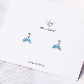 925 Sterling Silver Mermaid Tail Earrings for Women Girl Blue Fish Tail Stud Earring Ocean Boho Jewelry Gift