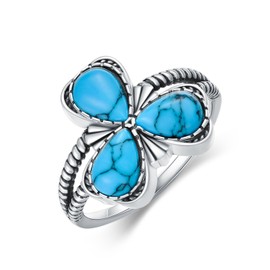 Plesitep 925 Sterling Silver Created Turquoise Rings for Women 3 Leaf Clover Statement Ring Heart Blue Lucky Jewelry for Her Size 10