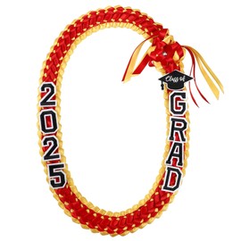 Ftyfty Graduation Leis Class of 2025 Grad Handmade Ribbon Lei Double Braided Ribbon Necklace with Grad Letters,47.2Inch (1, Red and Gold)
