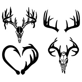 Antler Wildlife Decal 4 Pack: Deer Buck Antlers Skull, Antler Hook Heart (Black, Small ~3.5")