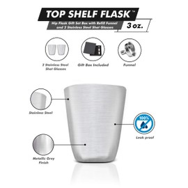 Hip Flask Gift Set Box with Refill Funnel and 2 Stainless Steel Shot Glasses - Metallic Grey Finish - Fits 12 oz Flask (Not Included)