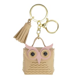 CAIRIAC Mini Coin Purse Keychain Cute Owl Backpack Change Wallet Bags Jewelry Pouch with Keyring for Women Storage Coins, Wireless Earbuds, Rings, Earrings (Khaki)