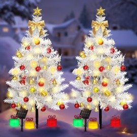 2 Pack Solar Mini Christmas Tree Decorations Lights, 30 Inch 8 Flashing Modes Waterproof Xmas Decor, 60 LED Lights with Ornaments 6 Lighted Gift Boxes for Porch Pathway Yard Garden (White Tree)