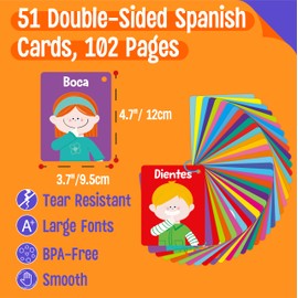 51 PCS Spanish Baby Cognitive Flashcards, Double Sided Printed 7 in 1 Colorful Cards Alphabet, Numbers, Foods, Animals, Shapes, Colors with 2 Reclosable Rings, Learning Tool for Toddlers