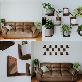 Daniel's Plants 3 Pack Midcentury Modern L Shaped Floating Shelves | Wall Mounted Plant Shelf Kit | Solid Wooden Shelf | 3 Shelves (Woodland Brown)