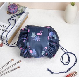 Cosmetic Bag with Drawstring, ONEGenug Makeup Bag, One-Step Organiser Makeup Bag for Lazy Women, Dark Blue Flamingo, Cosmetic bag