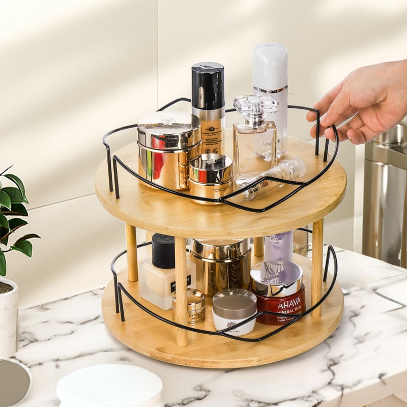 Yopay Lazy Susan Organizer 2 Tier, Bamboo Rotating Spice Rack