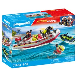 PLAYMOBIL Action Heroes 71464 Fire Boat with Aqua Scooter, Exciting Water Rescue, Includes Diving Goggles, Flippers and Life Jacket, Realistic Toy for Children from 4 Years