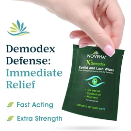 NOVEHA Demodex Eyelid & Lash Wipes | Box Of 60 Individually Wrapped Extra Strength Cleansing Eyelash Wipes - Battle Itchy & Irritated Eyes associated with Demodex Mites, Naturally Remove debris