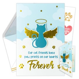 Decorably Gold Foil Embossed 5x8in Individual Pet Sympathy Card Cat Set with Adorable Cat Cutout, Sympathy Cards Set with Envelope and Stickers, with Printed Message Inside
