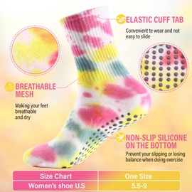 ShinyMatch 10 Pairs Tie Dye Socks for Women Pilate Yoga Socks Non Skid with Grip Colorful Cushioned Soft Cotton Slipper Socks Athletic Cute Crew Socks for Barre Ballet Dance Women Girls, Size 36-42