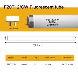 (6Pack) F20T12/CW 20 Watt Cool White 24Inch Fluorescent Light Bulbs,T12 20W 24 Inch Fluorescent Tube,4100K, Replacement for F20T12/CW/ALTO, F20T12/CW/ECO, F20T12/SP41/ECO,G13 Base,1400 Lumens